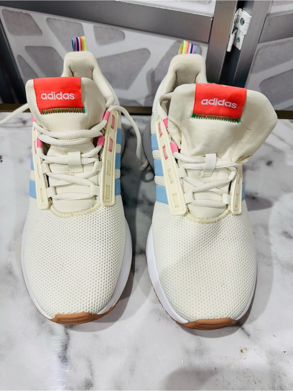 adidas Women’s Cream Sneakers with Light Blue Stripes and Rainbow Heel - Picture 6 of 9